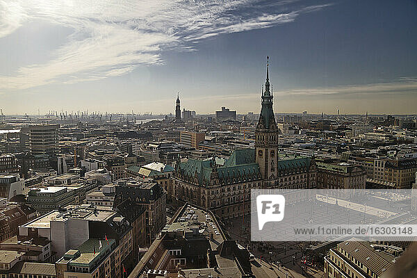 Germany  Hamburg  Cityscape from St. Petri church with St. Michaelis Church and town hall