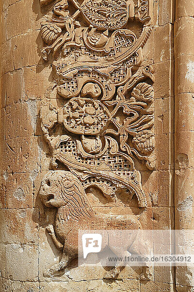 Turkey  Eastern Anatolia  Agri Province  Dogubeyazit  interior of Ishak Pasha Palace  Gate to Harem  Stone carving  Lion