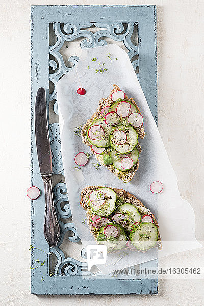 Sandwiches mit Radieschen  Gurken und Kresse auf rustikalem Tablett