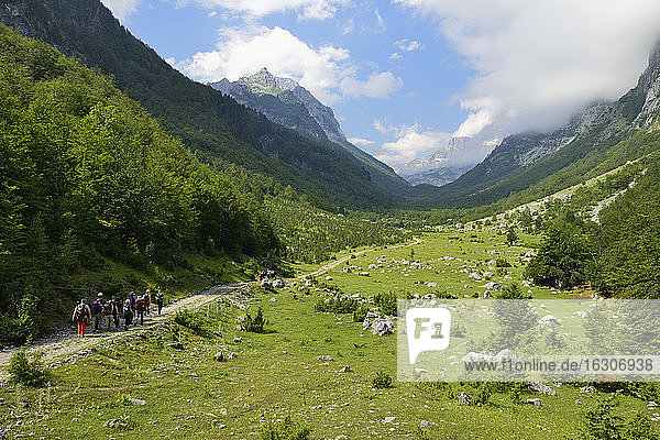 Montenegro  Crna Gora  group of hikers in Ropojana valley  Prokletije Mountains National Park