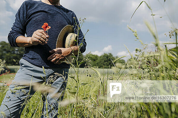 Mann mit Hut  der eine Blume hält  während er an einem sonnigen Tag auf einem Feld steht