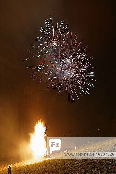 Austria  Vorarlberg  Rhine Valley  Viktorsberg  Bonfire and fireworks