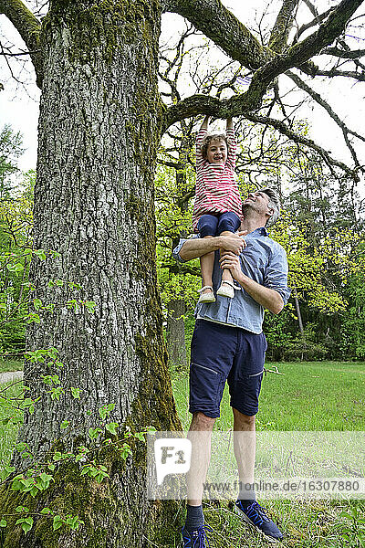 Playful daughter with father support hanging on branch of tree in forest