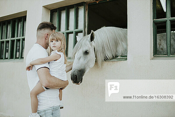 Vater trägt süße Tochter beim Streicheln des Pferdes im Stall