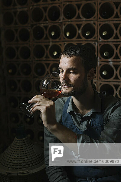 Junger Mann betrachtet Wein im Glas während einer Verkostung