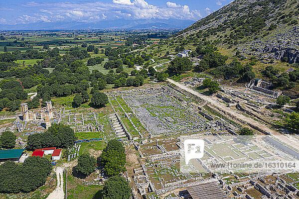 Greece  Eastern Macedonia and Thrace  Filippoi  Aerial view of ancient ruins of Philippi on sunny day