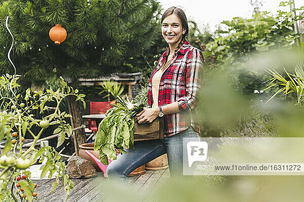 Lächelnde junge Frau  die eine Kiste trägt  während sie im Gemüsegarten steht