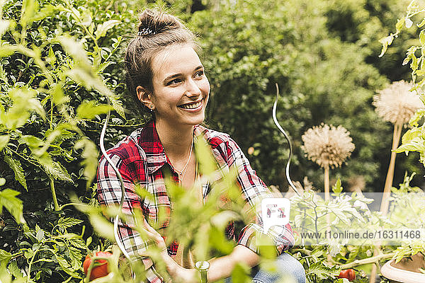 Lächelnde junge Frau schaut weg  während sie inmitten von Pflanzen im Gemüsegarten sitzt