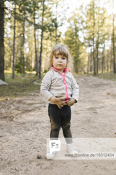 Porträt eines Mädchens (2-3) auf einem Fussweg im Wald  Wasatch Cache National Forest