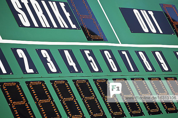 Baseball-Anzeigetafel  grüne Tafel und große Buchstaben und Zahlen