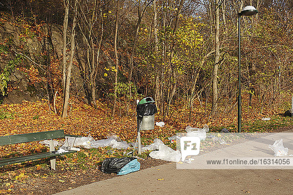Hochwinkelaufnahme von Plastikmüll der im Herbst im Park von einer Bank verstreut wurde