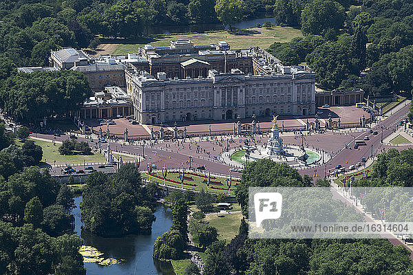 An aerial view of Buckingham Palace  London  England  United Kingdom  Europe