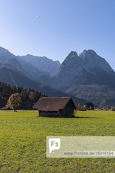 Heustadel  grüne Wiese  hinten Zugspitze  Berglandschaft  bei Grainau  Garmisch-Partenkirchen  Oberbayern  Bayern  Deutschland  Europa
