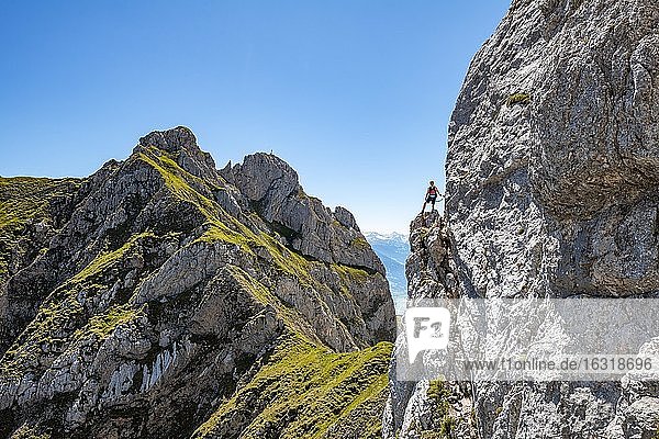 Young man climbing a rock face  via ferrata to the Seekarlspitze  5-summit via ferrata  hike at the Rofan Mountains  Tyrol  Austria  Europe