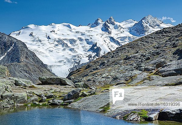 Kleiner Bergsee auf Fuorcla Surlej mit Piz Glüschaint  Silvaplana  Berninaalpen  Oberengadin  Engadin  Graubünden  Schweiz  Europa