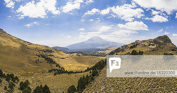 Sunny scenic landscape view  Popocatepetl volcano  Mexico