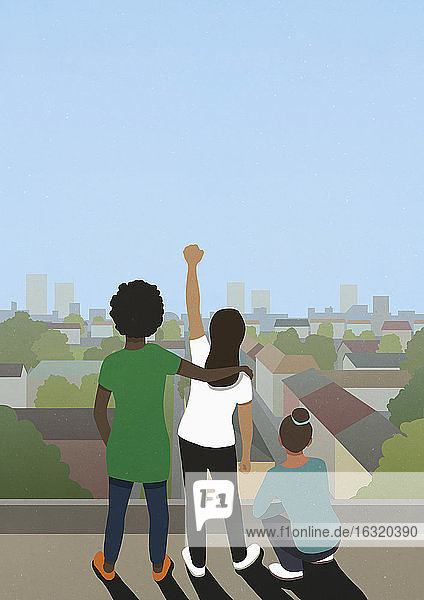 Black Lives Matter Freunde gestikulieren auf dem Dach der Stadt