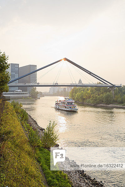 Germany  Dusseldorf  View of Dussel Rhine Estuary with brigde and ship