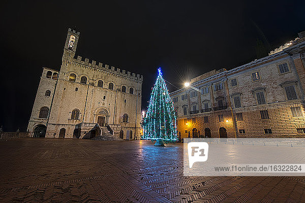 Italien  Umbrien  Provinz Perugia  Gubbio  Signoria-Platz  Palazzo dei Consoli und ein Weihnachtsbaum bei Nacht