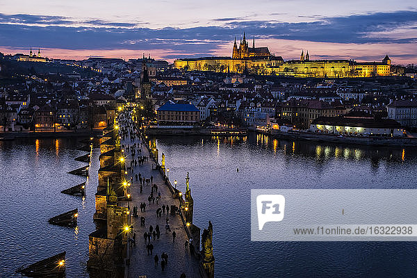Czech Republic  Prague  cityscape with Charles Bridge at dusk