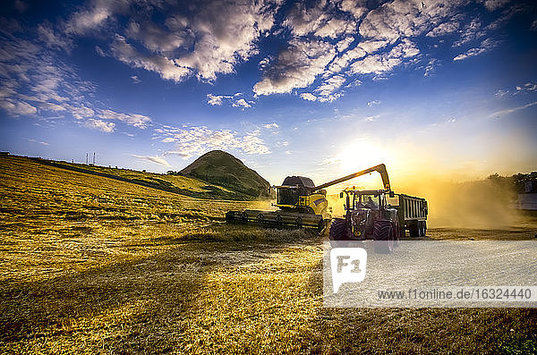 United Kingdom  Scotland  East Lothian  North Berwick  Field  Combine harvester and tractor at sunset