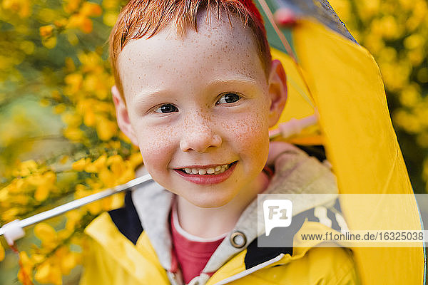 Portrait of redheaded little boy with umbrella