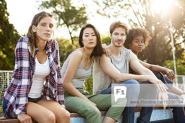 Eine Gruppe junger Freunde sitzt im Park zusammen