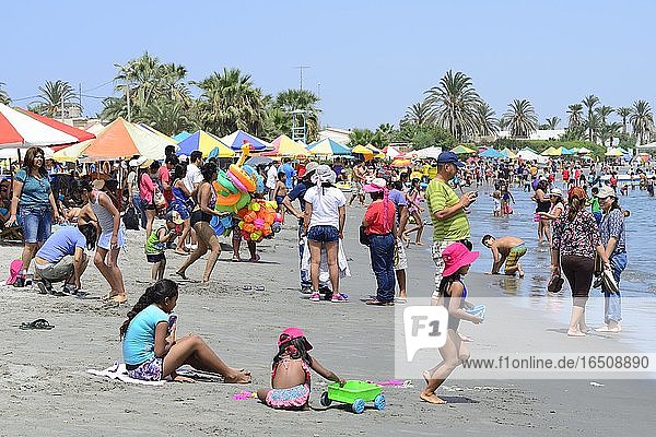 Many visitors at the beach on a holiday  Paracas  Ica region  Peru  South America
