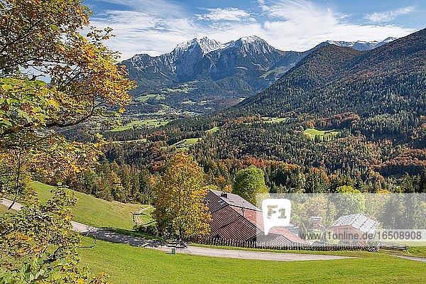 Überblick der Schönau mit Hoher Göll  Schönau am Königssee  Berchtesgadener Alpen  Berchtesgadener Land  Oberbayern  Bayern  Deutschland  Europa