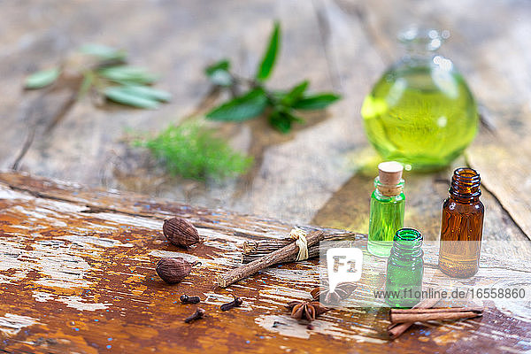 Alternative Medizin mit ätherischen Ölen und Blumen auf dem Tisch pflanzliche Therapie.
