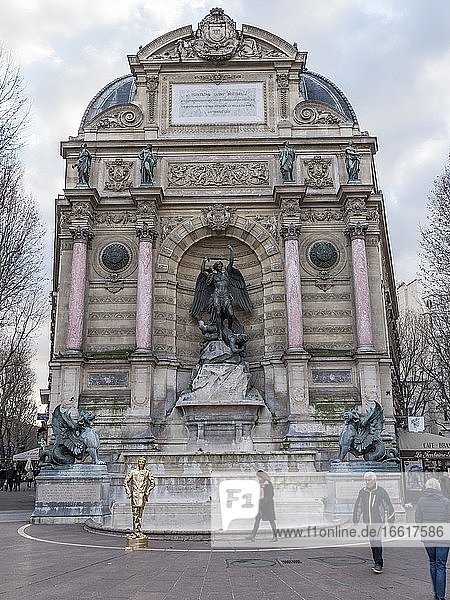Bronze statue of the fountain La Fontaine Saint Michel at Place Saint-Michel  Paris  France  Europe