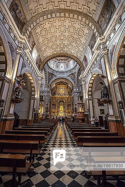Nave with chancel  ceiling decorated with gold and ornaments  Parroquia de Santos Justo y Pastor  Granada  Andalusia  Spain  Europe