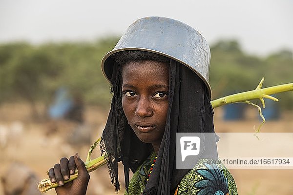 Young girl with a a water pot on her head  Gerewol festival  courtship ritual competition among the Woodaabe Fula people  Niger  Africa