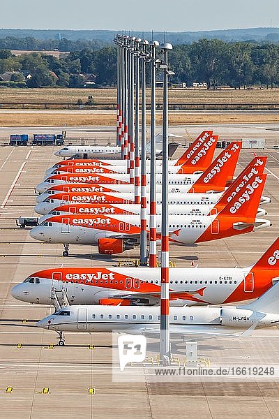 Discontinued EasyJet aircraft Coronavirus Corona Virus COVID-19 Berlin Brandenburg Airport BER Aerial photograph Berlin Germany Europe