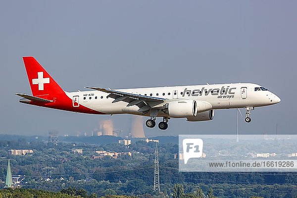 An Embraer 190 E2 aircraft of Helvetic Airways with registration number HB-AZD at Dortmund Airport (DTM) Dortmund Germany Europe