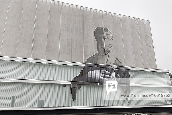 Facade of transparent fabric printed with Da Vinci's Lady with Ermine Weimar Atrium shopping centre Weimar Thuringia Germany Europe