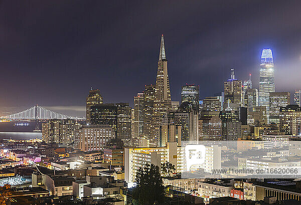 Glowing building exterior of city at San Francisco  California  USA