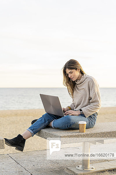 Schöne Frau  die einen Laptop benutzt  während sie mit einem Einwegbecher auf einer Bank an der Promenade am Meer sitzt  gegen den Himmel