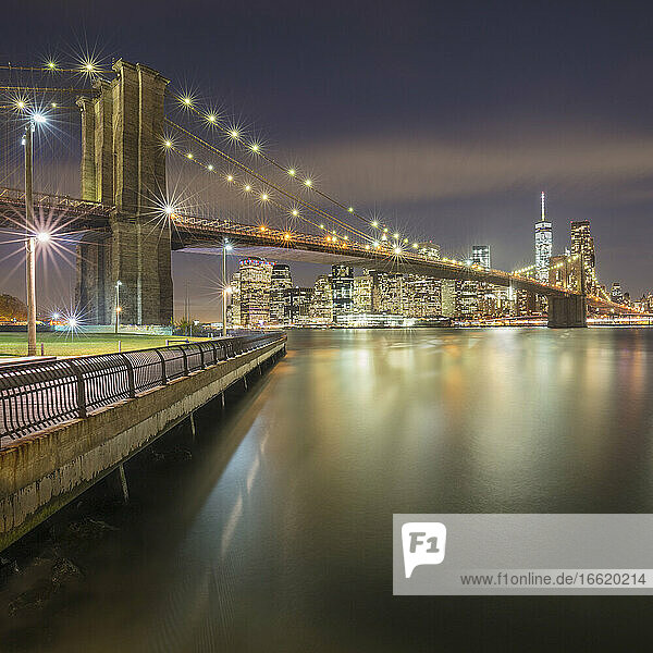 USA  New York  New York City  Brooklyn Bridge at night