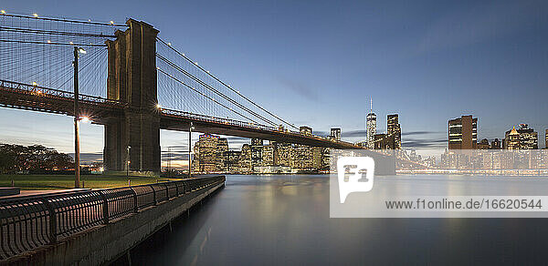 USA  New York  New York City  Brooklyn Bridge at dusk