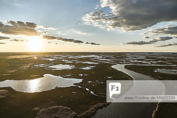 USA Maryland Drone view of marsh along Blackwater River at sunset