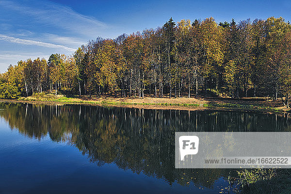 Glänzender See  in dem sich der umliegende Herbstwald spiegelt