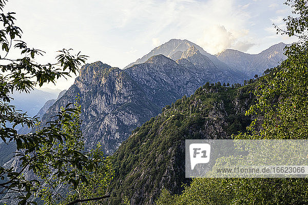 Italy  Province of Sondrio  Mountain range in Riserva Naturale Pian di Spagna e Lago di Mezzola at dusk