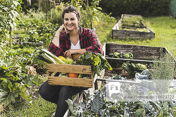 Smiling young woman sitting with vegetables in crate on raised bed at community garden
