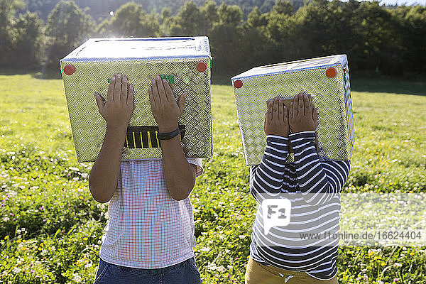 Jungen bedecken das Gesicht eines Kartons mit der Hand  während sie auf einer Wiese stehen