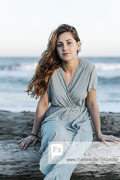 Attraktive junge Frau sitzt auf einem Baumstamm am Strand