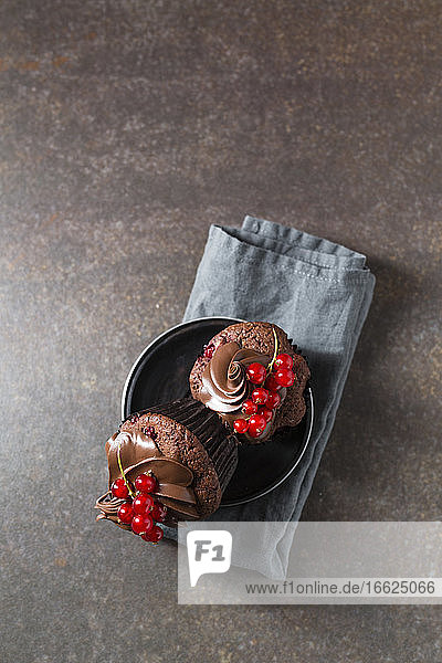 Studioaufnahme von Schokoladen-Cupcakes mit roten Johannisbeeren
