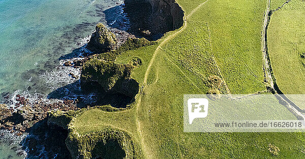 Luftaufnahme der grünen  grasbewachsenen Küstenklippen