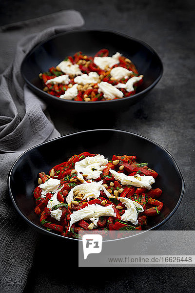 Zwei Schalen vegetarischer Salat mit roter Paprika  Mozzarella  gerösteten Pinienkernen  Petersilie und Schnittlauch