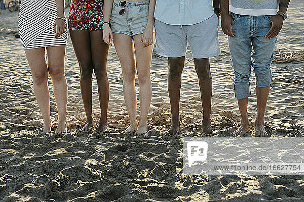 Tiefschnitt von Freunden  die am Strand im Sand stehen